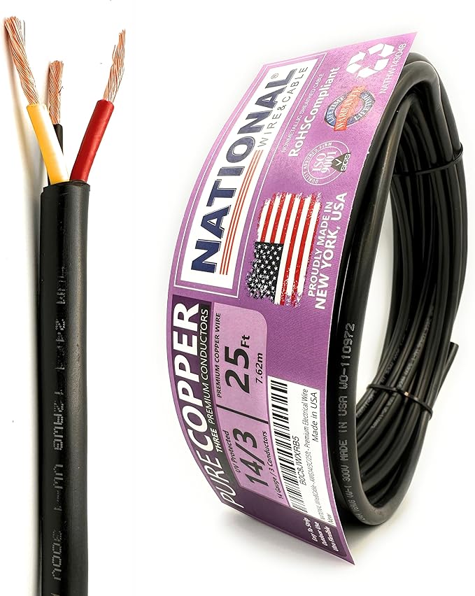 NATIONAL Wire & Cable – 14 AWG 3-Conductor Premium Copper Wire, 25 ft, Stranded | Made in USA, Heavy-Duty Flexible Jacket | Automotive, Low Voltage, LED, Lights, DIY, Indoor and Outdoor Use