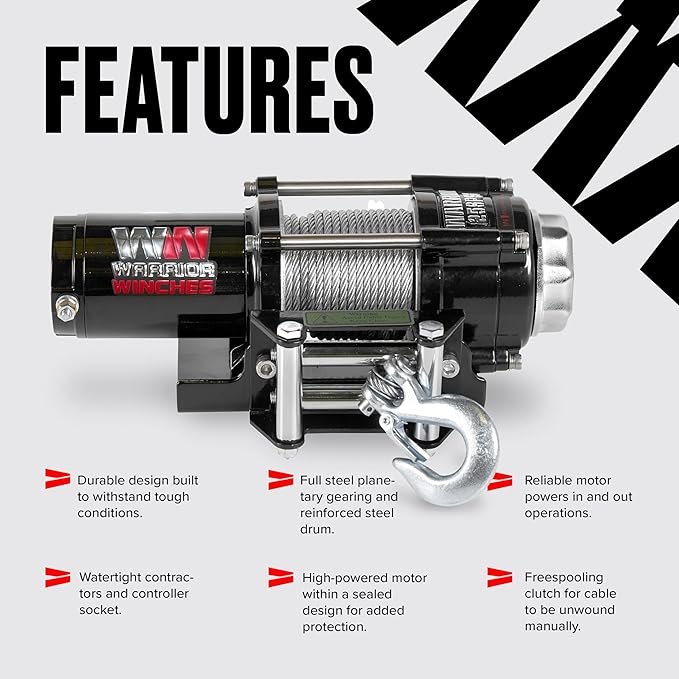 Warrior Winches Ninja 2500 lbs - Premium 12V Electric ATV/UTV Winch with Steel Cable, Compact and Powerful 12 Volt ATV Winch - Comes with Wireless Remote - Perfect for ATV, UTV, Boat, Trailer