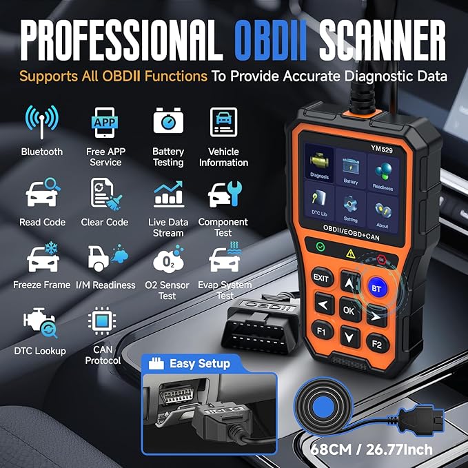 Bluetooth OBD2 Scanner with Battery Tester & Monitoring & Life Test - Support Checking Car Diagnostic Information on iPhone & Android, 2.8 inch HD Large Color Screen, TPU case Protection, Orange