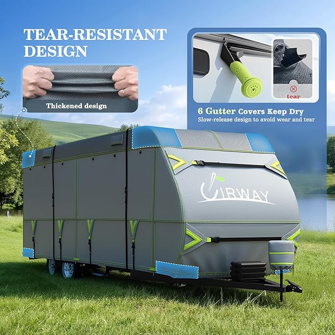 UIRWAY RV Cover 20-22ft Travel Trailer, Upgraded 7-Layers Camper Cover, Waterproof Rip-Stop Travel Trailer Cover with 4 Tire Covers, Tongue Jack Cover, Gutter Covers, Repair Patches, Windproof Straps