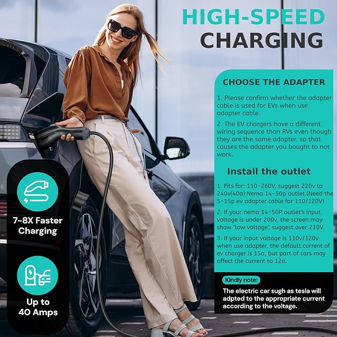 Level 2 Electric Vehicle (EV) Charger(WIFI APP/Plug-play), 40A, 25ft Cable ETL Certified, 220V-240V NEMA 14-50P Plug EVSE w/ J1772 Connector, Portable EV Car Charging Stations for Home Level 2