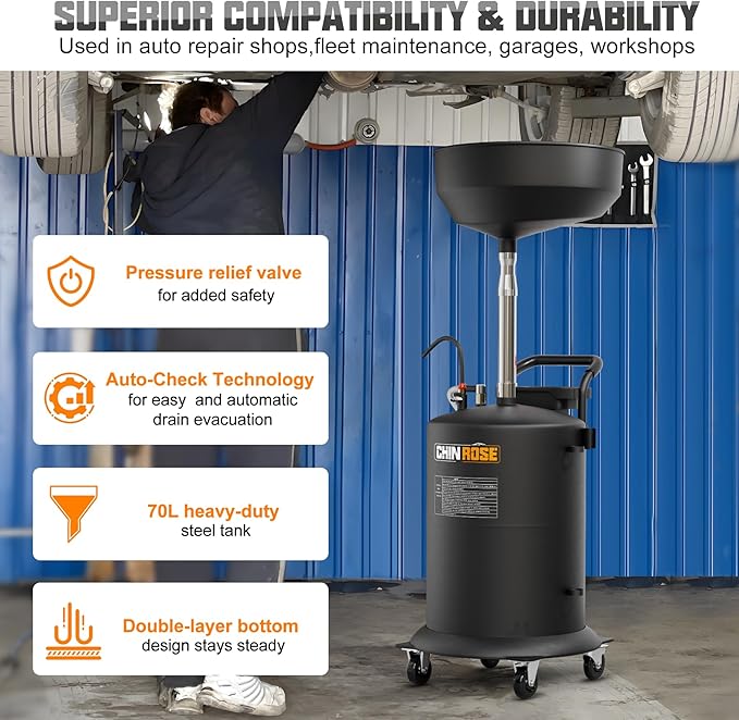 18.5 Gallon Industrial Fluid Drain Tank, Oil Drain Extractor, Portable Pneumatic Waste Oil Drain with Wheels, Adjustable Funnel Height