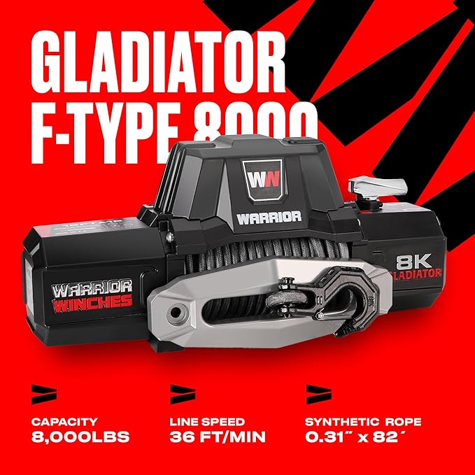 Warrior Winches Gladiator 8000lbs 12v Electric Winch with Wired/Wireless Remote with Synthetic Rope, for Truck, Boat Trailer, Jeeps, SUVs, 4x4, Trailer Winch, with Hawse Fairlead, IP68 Waterproof