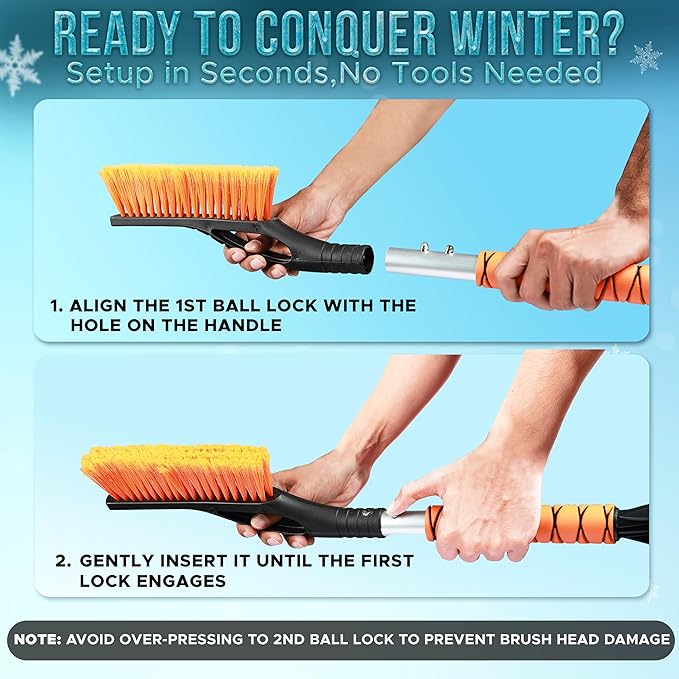 EcoNour 27" Car Snow Brush and Ice Scrapers for Car Windshield (Orange - 2 Pack) | Scratch Free Bristle Head Snow Brush & Tough Window Snow Scraper with Aluminium Body