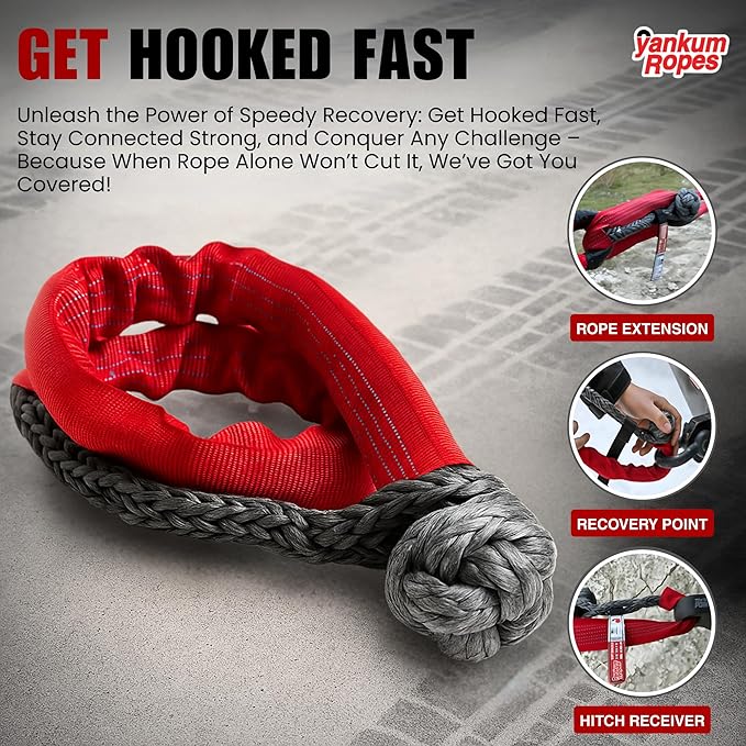 Yankum 7/16" Soft Shackle with Red Chafe Sleeve - Synthetic Recovery, Heavy Duty Tow Shackle, Soft Shackles for Towing, Off-Road Recovery Gear, Made in USA