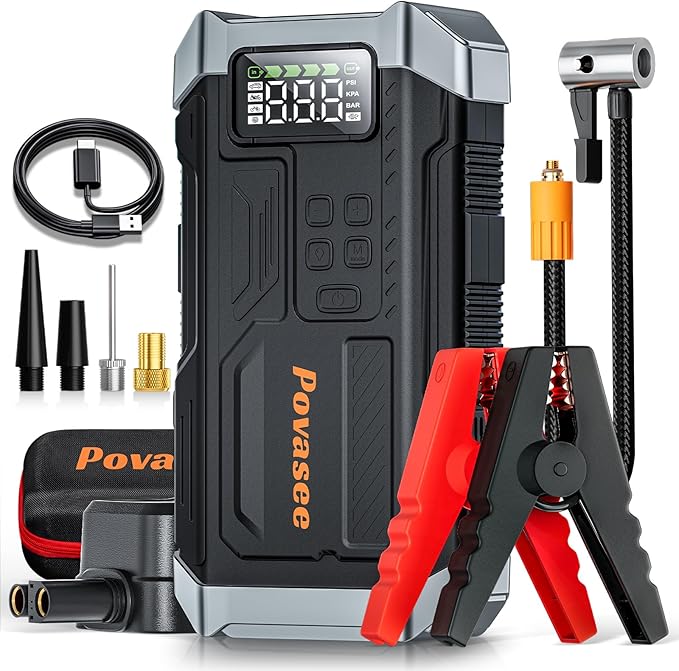 Povasee Jump Starter with Air Compressor 5000A Portable Jump Box up to 9L gas/8L Diesel,inflates Tires to 150PSI 12V Car Battery Jumper Starter