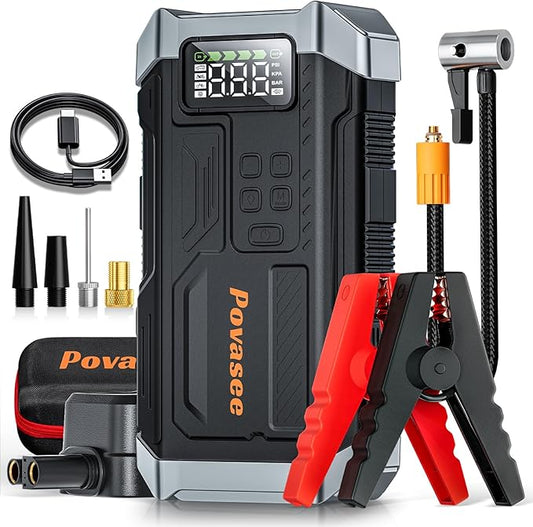 Povasee Jump Starter with Air Compressor 5000A Portable Jump Box up to 9L gas/8L Diesel,inflates Tires to 150PSI 12V Car Battery Jumper Starter