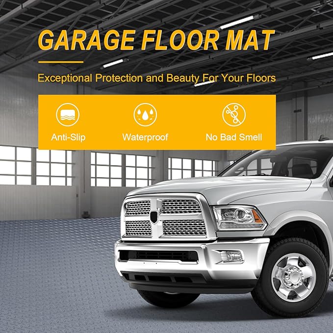 7.5x25 FT Garage Floor Mat, Updated 2.8mm Thicked Flooring Roll with 20Pcs Tapes, 188 sqft Diamond Plate PVC Rubber Trailer Mat, Non-Slip Floor Protector Mat for Garage Warehouse Gyms (Matte Grey)