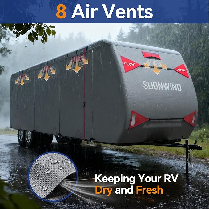 Heavy Duty 7 Layers RV Cover, Camper Cover & Travel Trailer Cover 24-27ft, Waterproof Windproof All-Weather Protection with Tongue Jack Cover, Gutter Covers & Reinforced Straps - Red