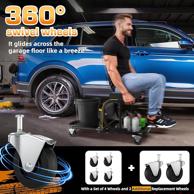 Rolling Shop Stool Chair with Wheels, Mechanic Garage Stool on Wheels, Auto Car Detailing Stools Seat with Tool Tray Storage for Garage Work, Workshop, Home, Garden, DIY, 300 LBS Capacity, Yellow