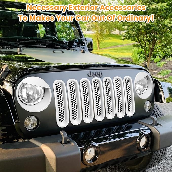 Front Grille Mesh Inserts & Headlight Cover for Jeep Wrangler JK JKU Sport Freedom Rubicon Sahara Unlimited 2007-2018 Exterior Accessories Clip-in Grille Guard Headlight Bezels Trim (Matte White)