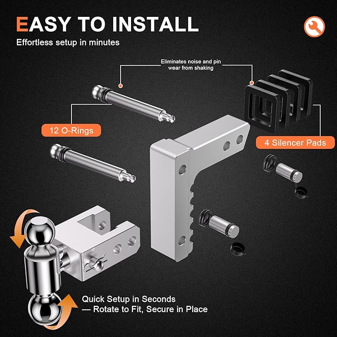Adjustable Trailer Hitch, Fits 2-Inch Receiver, 8-Inch Drop/Rise for Trucks (12500 LBS GTW), Heavy Duty Aluminum Tow Hitches with 4 Silencer Pads & 2 Locking Hitch Pin, Silver