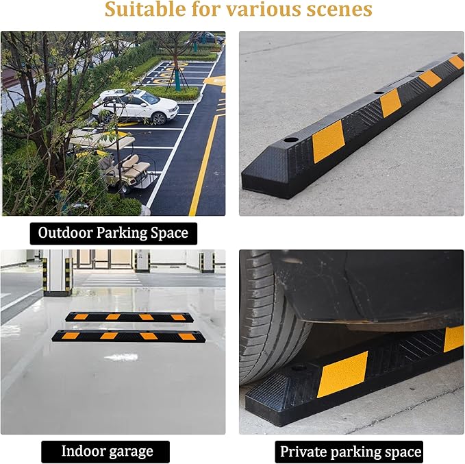 OrangeStar 72" Rubber Parking Curb, Heavy Duty Garage Floor Wheel Stopper w/Yellow Reflective Stripe for Car, Truck, Trailer, 2 Pack