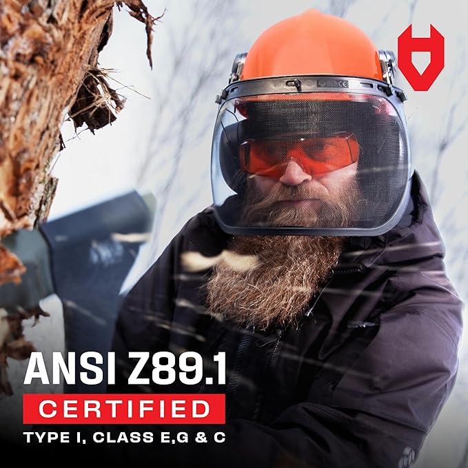NoCry 6-in-1 Industrial Chainsaw Helmet with Face Shield and Ear Muffs — Mesh & Clear Plastic Visors Included — ANSI Z89.1 Certified — Adjustable Headgear — Ideal for Forestry and Arborist Work