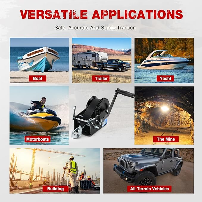 Nilight Boat Trailer Winch 3500 Lbs Hand Crank Winch Heavy Duty Boat Winches with 33Ft Strap Rope Hook Two Way Ratchet 4:1 8:1 Gear Portable Marine Manual Winch for Trailers Boat RV ATV Jet Ski Towing