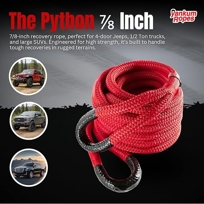 Yankum Kinetic Recovery Rope - Heavy Duty 7/8" x 20' Tow Rope, Off-Road & Vehicle Recovery, Kinetic Energy Ropes for 4x4, Jeep, and Trucks, Made in USA – Python Series
