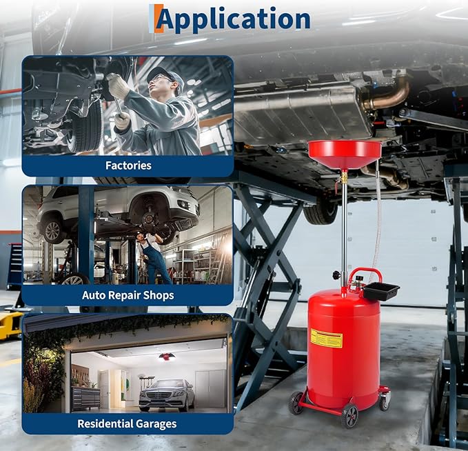 20 Gallon Waste Oil Drain Tank Portable Air Operated Oil Drainer with Adjustable Funnel Height 38 to 65 Inches 15 Inch Funnel Fluid Fuel Transfer Drain Container with 360 Degree Wheels and Toolbox Red