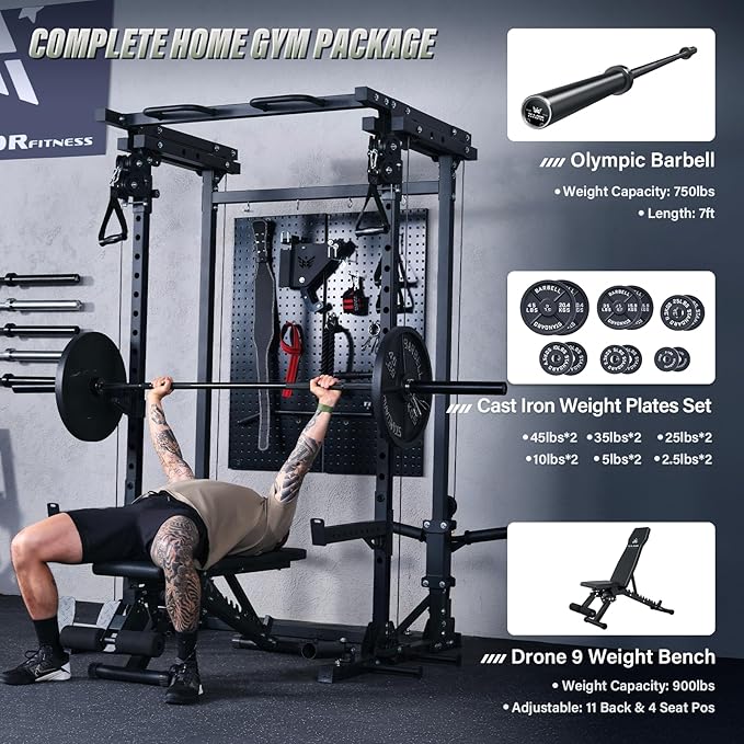MAJOR FITNESS Drone3 Power Cage - Multi-Function Power Rack for Home Gym, Squat Rack with Pull-up Bar, Cable Crossover System, J-Hooks, for Strength Training, Heavy-Duty Steel Construction