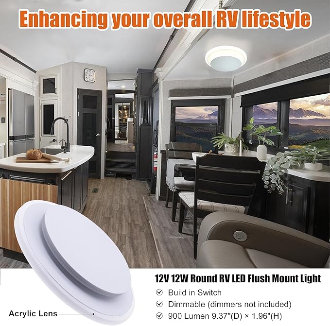 Facon 12V LED RV Ceiling Light & Dinette Light Fixture - 12W 900LM 4000K Cool White RV Interior Light for Camper, Trailer, Motorhome | Sleek Acrylic 12V RV Pendant Light Fixture with Switch