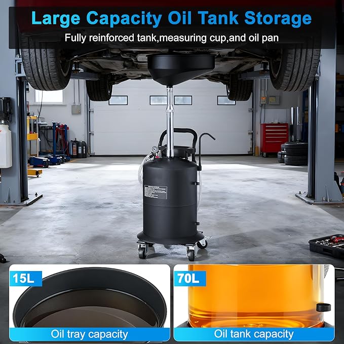 18.5 Gallon Industrial Fluid Drain Tank, Oil Drain Extractor, Portable Pneumatic Waste Oil Drain with Wheels, Adjustable Funnel Height