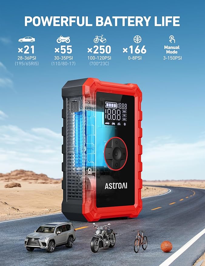 AstroAI S8 Air Jump Starter with Air Compressor,3000A Peak Car Battery Jump Starter Portable (9.0 Gas/6.5L Diesel) with 150PSI Cordless Auto-Shutoff Tire Inflator, 12V Battery Charger Booster(Red)