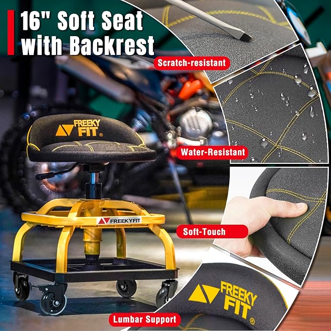 Rolling Shop Stool with Wheels, Garage Work Mechanic Stool with Backrest, Roller Mechanic Chair, Adjustable Height, 360° Swivel, Tool Tray Storage, 330 LBS Capacity, Heavy Duty, Yellow