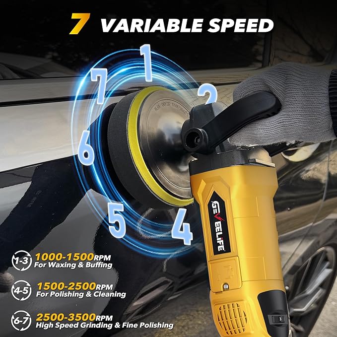 GEVEELIFE Buffer Polisher, 6 Inch/7 Inch 1600W Rotary Car Buffer Polisher Waxer, 7 Variable Speed 1000-3500 RPM, Detachable Handle for Car, Boat Sanding, Polishing, Waxing(Yellow)