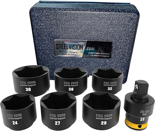 Steel Vision 7-Piece 3/8" Drive Low Profile Oil Filter Socket Set, U-Joint Swivel Socket Wrench Kit, Oil Filter Removal Tool for Ford, BMW, Audi, VW, Mini, Volvo, Porsche, Mercedes