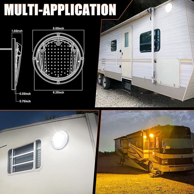 LED RV Exterior Light,8.5 Inch Round Scare Porch Light with 100pcs Dual Color Leds Flood Awning Light Replacement kit Surface Mount Fixture for RV Trailer Fifth Wheel Camper Bus