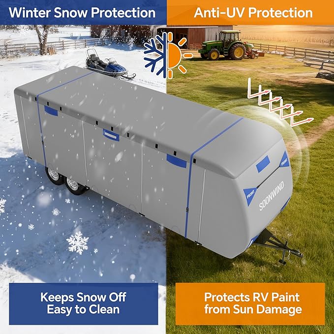 Heavy Duty 7 Layers RV Cover, Camper Cover & Travel Trailer Cover 24-27ft, Waterproof Windproof All-Weather Protection with Tongue Jack Cover, Gutter Covers & Reinforced Straps - Blue