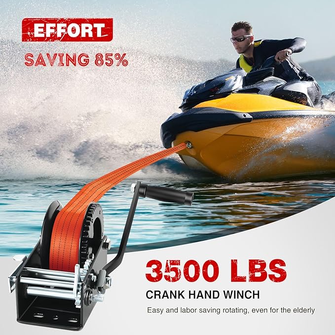 Nilight Boat Trailer Winch 3500 LBS Hand Crank Winch Heavy Duty Boat Winches with 33 FT Orange Strap Rope Hook Two Way Ratchet 4:1 8:1 Gear Portable Marine Manual Winch for Trailers Boat RV ATV Towing