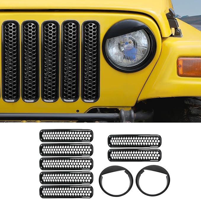 Honeycomb Front Grille Mesh Inserts & angry eyes Headlight Bezels Cover Trim Fit for 1997-2006 Jeep Wrangler TJ & Unlimited Exterior Accessories Clip-in Grille Guard Cover Headlight Bezels Trim Ring