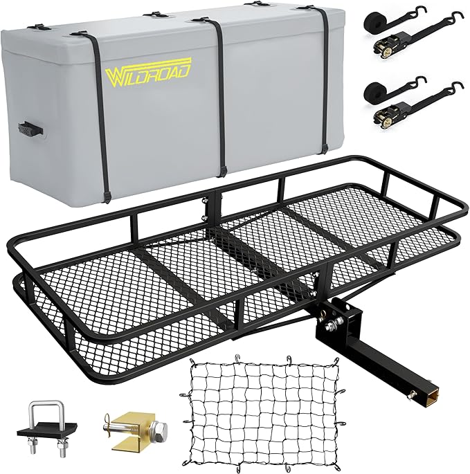 Wildroad Hitch Cargo Carrier Basket Combo 60" x 24" x 6" 500 LBS Folding Trailer Hitch Cargo Carrier Fits 2" Receiver with 18.2 Cubic feet Cargo Bag, Hitch Stabilizer, Cargo Net and Ratchet Straps