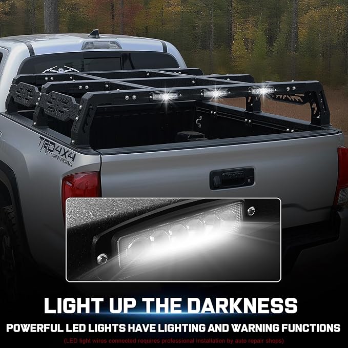 Overland Bed Rack for Full Size Truck 10.5" Bed Rack with 3 LED Lights Compatible with Ford/Dodge Ram/Toyota Tundra/Nissan Titan/Silverado(6.5FT) .Bed Rack for Roof Top Tent