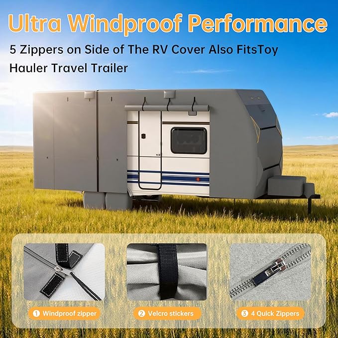 RV Covers for Travel Trailers, 22-24ft Heavy Duty Camper Cover, 7 Layers Extra-Thick Waterproof Toy Hauler Cover with 4 Tire Covers, Jack Cover and Wind Straps