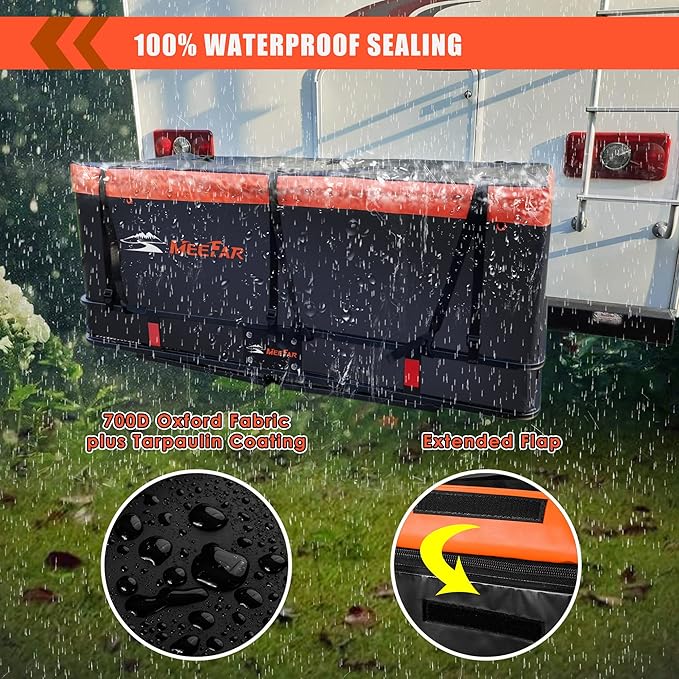 MeeFar Hitch Mount Cargo Carrier Bag Soft Shell 100% Waterproof 15 Cubic Feet (58" 24" 19") Include 8 Reinforced Straps for Truck Pickup All Vehicle with Steel Cargo Basket