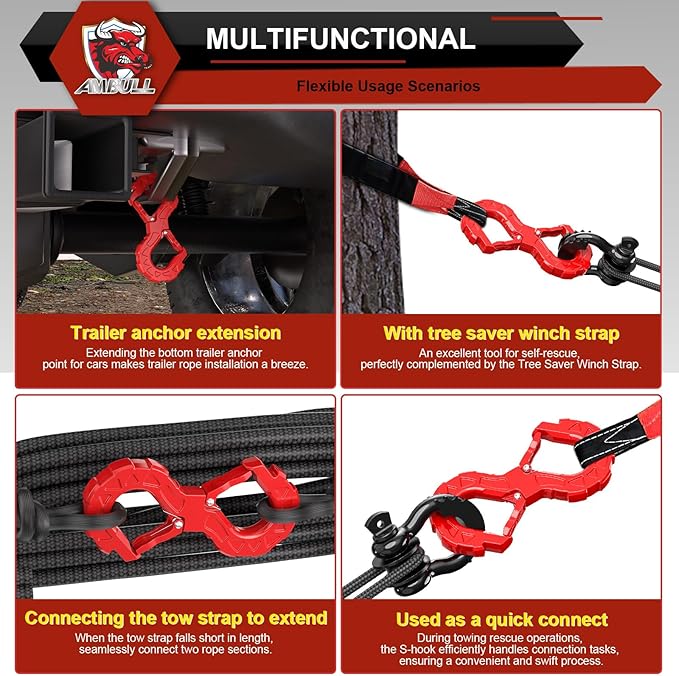 3/8 Tow Hook, Winch Hook for Off-Road Recovery, Towing Shackle 33000 Lbs, G80 Heavy Duty Strength Integrated Winch Quick Shackle, Red