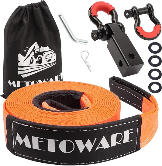 METOWARE Heavy Duty Tow Strap Recovery Kit - 3" x 30ft(35,000lbs) Tree Saver Winch Strap + 3/4" D Ring Shackles(2pcs) +2"Shackle Hitch Receiver + 5/8 Hitch Pin + Storage Bag - Truck, SUV, ATV Off Road