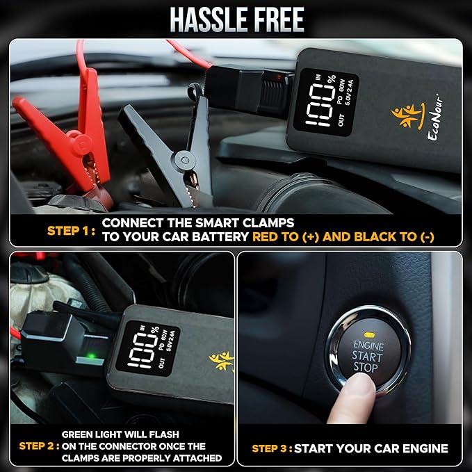 6000A Car Jump Starter – 12V Portable Battery Booster for All Gas & Up to 12L Diesel Engines, Dual USB Quick Charge, DC Output, Built-in LED Flashlight, Heavy-Duty Jump Pack