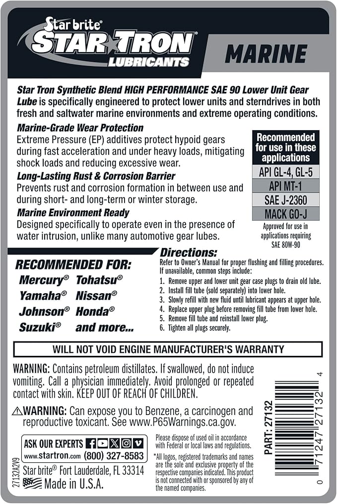 STAR BRITE Star Tron Hypoid 90W Lower Unit Gear Lube - Ultimate Marine Grade Lubricant for Outboard Motors & Stern Drives - 32 OZ (027132)