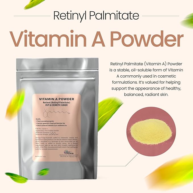 Vitamin A Powder Retinyl Palmitate, Pure Retinol Powdered Vitamin Water Soluble Vitamin A USP & Cosmetic Grade (2 oz. / 56 Grams)