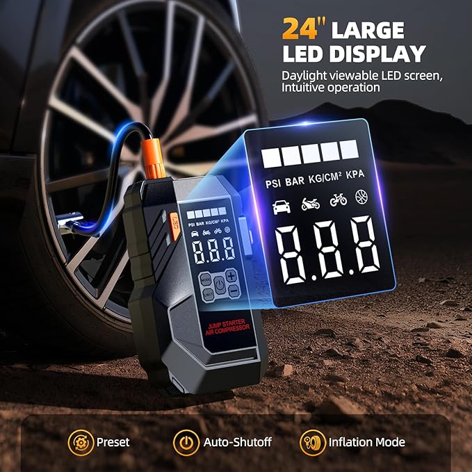 Jump Starter with Air Compressor, 6000A 160PSI Portable Car Battery Jump Starter (All Gas/12L Diesel), 12V Jump Box Car Battery Jump Starter Portable with Smart Jumper Cables, LED Light, LCD Display