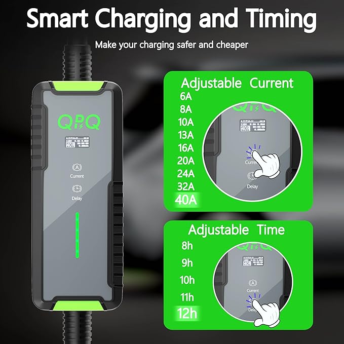 QPQ Level 2 EV Charger 40A 240V, Portable Electric Vehicle Charging Stations with Adjustable Current/Timing Delay, J1772 EV Car Charger Level 2 Charger with 21 FT Cable, NEMA 14-50 Plug
