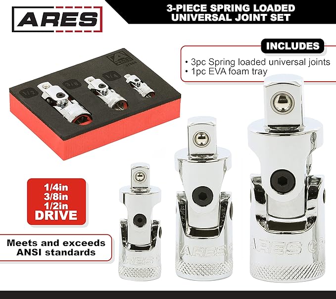 ARES 37000-3-Piece Spring Loaded Universal Joint Set – Spring Loaded Tension Keeps U-Joint In Position at Odd Angles - 1/4-Inch, 3/8-Inch, and 1/2-Inch Drive