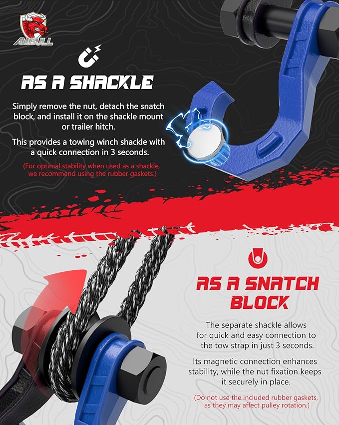 D Ring Separate Shackle with Snatch Block 2 Set, 3/4" Shackles w/Snatch Block Pulley, Heavy Duty Shackle for Towing Winch, Pulley for Off-Road Vehicle Recovery, Truck, ATV, UTV, BlackBlue