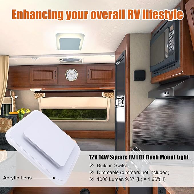 Facon Square LED RV Ceiling Light with Switch - 14W, 1000LM, 4000K Cool White, 12Volts RV Interior Light for RV, Camper, Trailer, Motorhomes, Sleek Acrylic Design