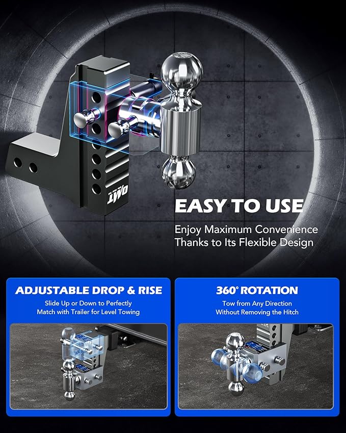 Orion Motor Tech Adjustable Trailer Hitch, Heavy Duty 2.5 inch Receiver Hitch, 6" Drop Hitch with 2" & 2-5/16" Balls, 360° Dual-Ball Mount with 18500lb Towing Capacity for Class IV & V, Gray