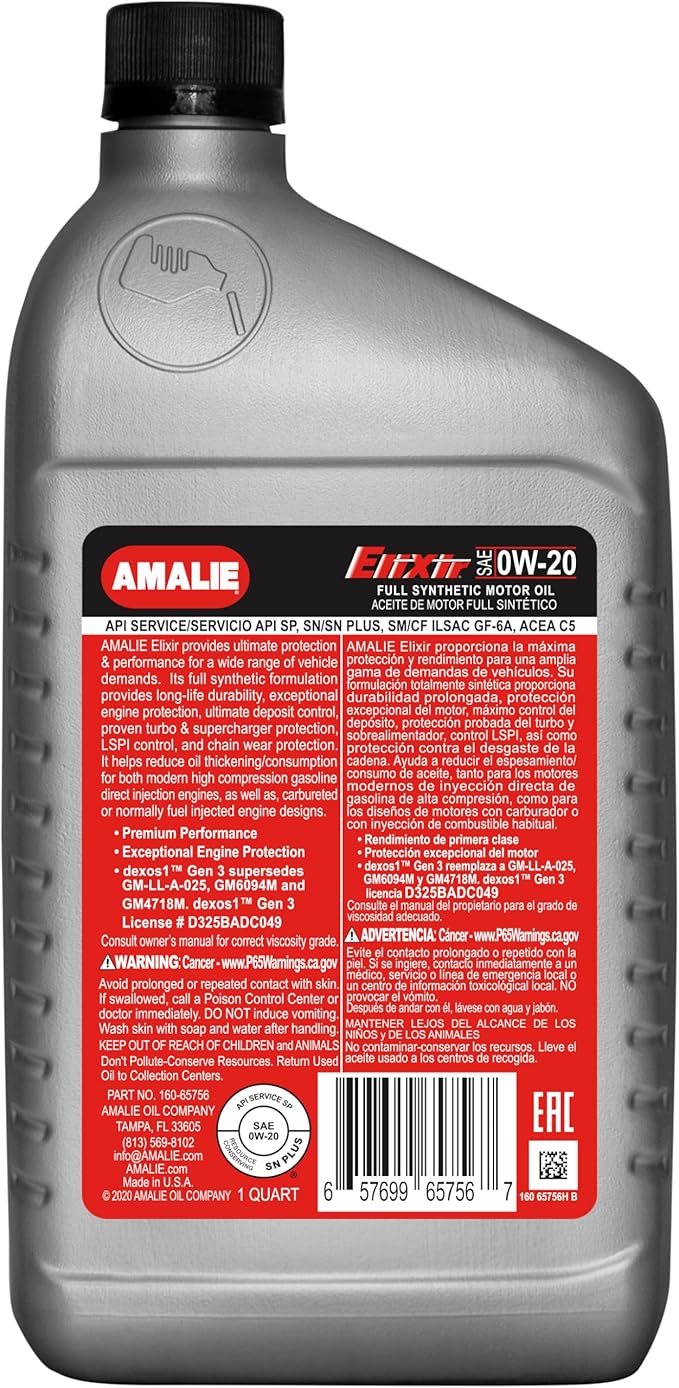AMALIE Elixir 0W-20 dexos1 Full Synthetic Motor Oil (160-65756-56) 1 Quart Bottle, Pack of 12 | Made in USA