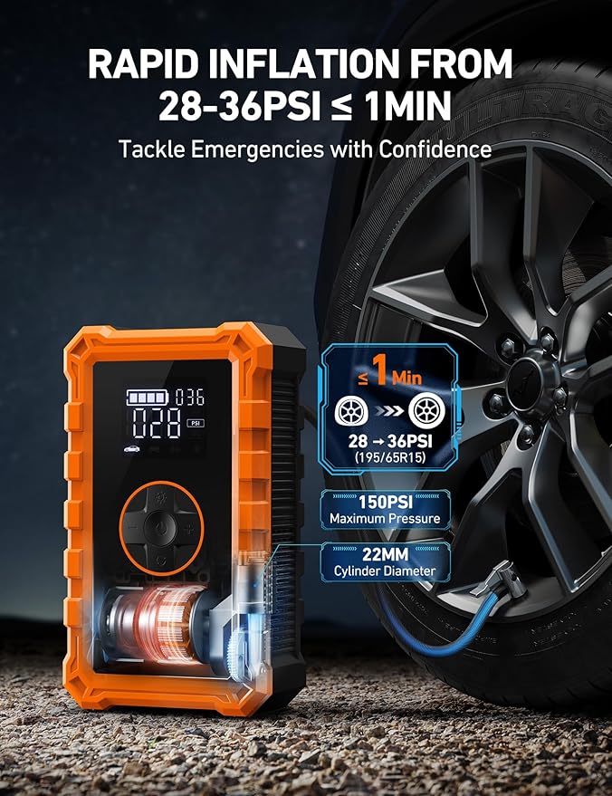 AstroAI S8 Air Jump Starter with Air Compressor, 3000A Peak Car Battery Jump Starter Portable (9.0 Gas/6.5L Diesel) with 150PSI Cordless Auto-Shutoff Tire Inflator, 12V Battery Charger Booster(Orange)