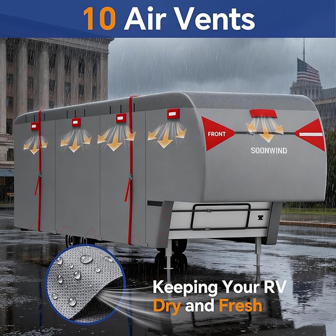 Heavy Duty 7 Layers 5th Wheel RV Cover, Camper Cover & Travel Trailer Cover 31-34ft, Waterproof Windproof All-Weather Protection with Gutter & Tongue Jack Covers Reinforced Straps - Red